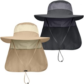 LCZTN Mens UPF 50+ Sun Protection Safari Cap Wide Brim Fishing Hiking Hat with Neck Flap for Garden Work (2 Pack-Dark Grey＆Khaki)
