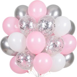 Balloons Pink White Silver Pack of 60, 12 Inch Silver Confetti Latex Balloons, Pastel Pink White Balloons, Silver Metallic Helium Balloons for Girls Baby Shower Birthday Decoration Party Decoration