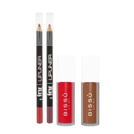 Set de Regalo - 2 Lip Oils Bissú con Vitamina E (Avellana y Frambuesa), 2 Delineadores de Labios Mate IVY