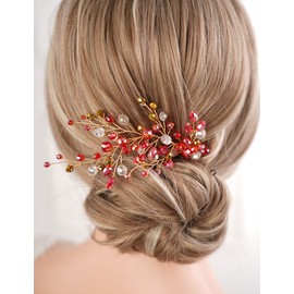 Missgrace Women Bridal Wedding Gold Red Black Side Crystal Hair Comb Special Occasion Headpiece Hair Accessories for Women (Red)