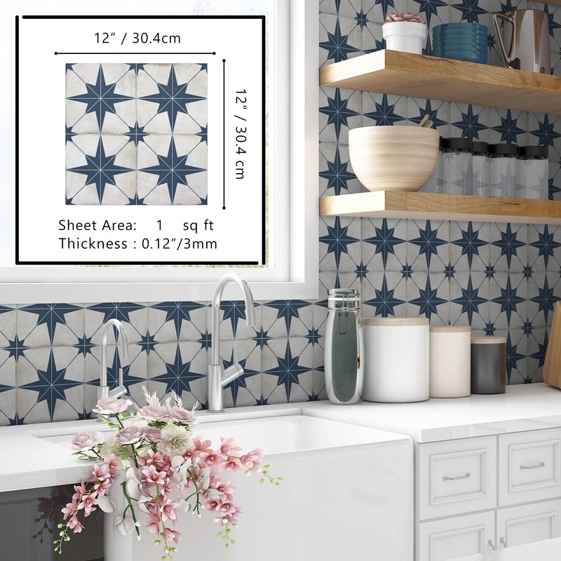 The Tiles Plaza Encaustic Peel and Stick Backsplash, Blue Star