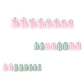 LPOODDNU Flower Press on Nails Light Green Pink Fake Nails Round Head Medium Glue on Nails Full Cover Glossy False Nails with Small Green White Flowers Designs Floral Acrylic Nails for Women Girls