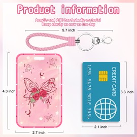 CameCosy Elegant Badge Holder with Lanyard Keyring, Card Protective Cover with Butterfly Flowers Pattern for Girls Women, Rigid Vertical Card Protector for Office ID Cards, Credit Cards, Bus Cards