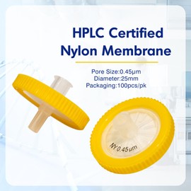 Pack of 100 Nylon Syringe Filters 0.45 μm Pore Size, 25 mm Membrane Diameter, Laboratory Syringe Filter, HPLC and GC Syringe Filter