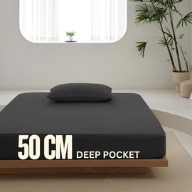 PILOO - Fitted Sheet 1 Piece, Extra Deep Pocket (50cm), Extra Soft 2000TC Microﬁbre (Black, King Single)