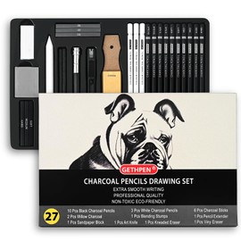 GETHPEN 27 Piece Charcoal Drawing Set - Professional Black & White Charcoal Pencils for Sketching, Shading & Blending, Graphite Sticks with Artist Art Supplies Kit (Beginners & Professionals)
