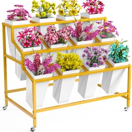 VGMiu Flower Display Stand with 12 Buckets Gold Flower Cart 3 Layers Metal Flower Bar Stand with Wheels, Moving Florist Bouquet Shelf for Weddings Florist Indoor Outdoor Patio Garden Living Room