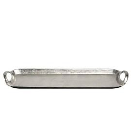 India Handicraft Modern Classic Decorative Serveware 23.5 x 6 Inch Aluminum Long Oval Serving Tray with Handles, Silver Tone