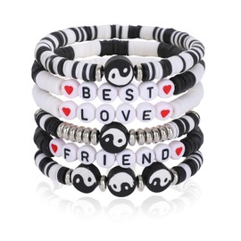 Bohemian Beaded Bracelets for Women YinYang Surfer Heishi Clay Stackable Letter Stretch Bracelets Summer Beach Disc Layering Friendship Bracelets Gift Best Friends Boho Jewelry for Her, Black and White