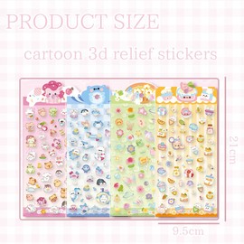 4 Sheets of 3D Stickers for Children & Toddlers, Cartoon 3D Relief Stickers, Puffy Stickers, Funny Decorative Stickers for Children, Waterproof and Transparent