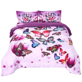 Wowelife 3D Purple Butterfly Comforter Queen Upgraded Print Beautiful Butterfly Groups in 5 Piece with Comforter, Flat Sheet, Fitted Sheet and 2 Pillow Cases (Playing Butterfly, Queen)