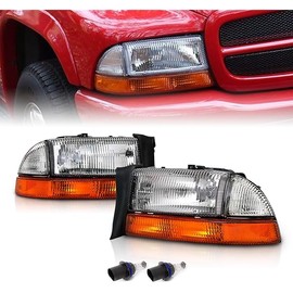 AmeriLite for 1997-2004 Dodge Dakota/Durango Chrome Replacement Headlights 4Pc Sets Parking Turn Signal (Pair) w/Mounting Bracket