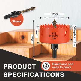 Bi-Metal Hole Saw 72 mm, Hole Drill Bit for Wood and Metal, Bi-Metal Round Drill Bit with 35 mm Cutting Depth for Steel, Cast Iron, Aluminium, Drywall, Plywood and Acrylic