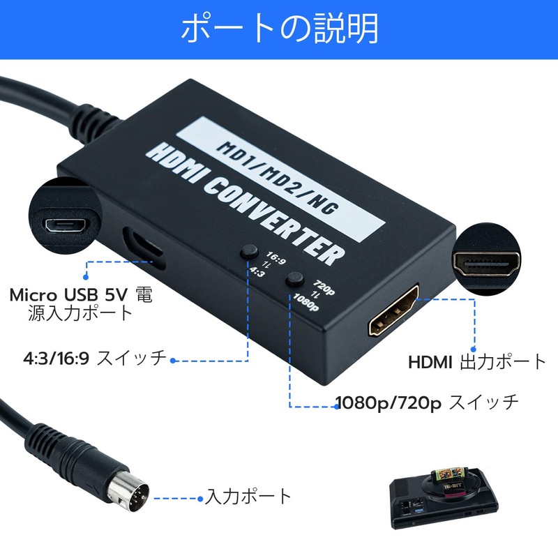 Mcbazel セガMD1/MD2/SNK専用 HDMI コンバーター 1080p/720p画質切り替え アスペクト比切り替えスイッチ内蔵 4:3から16:9変換可能 セガメガドライブ/SNK HDMI変換接続コンバーター-ブラック