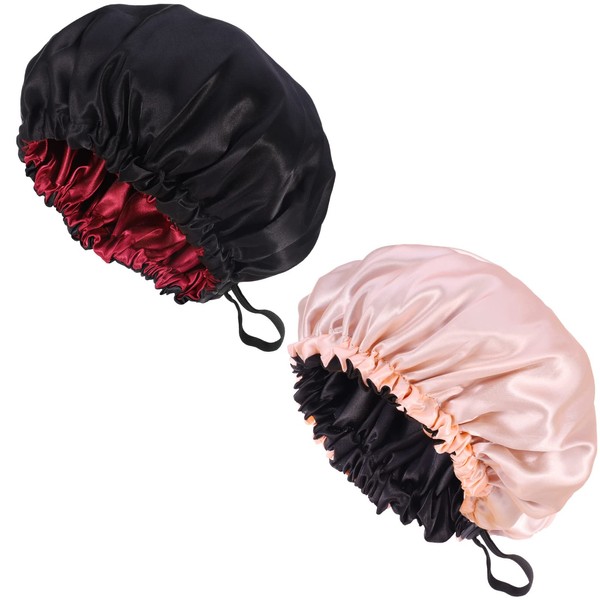 Fuyamp 2 Packs Satin Sleep Cap Adjustable Silky Sleep Cap for Women Long Hair Double Sided Satin Hair Cap Sleep Satin Bonnet for Women (Pink+Black)