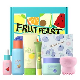 Fruit Skin Care Set 5 Piezas con Limpiador Yuzu, Tónico Vit-C, Suero Sandía, Crema de Ojos Aguacate y Crema Hidratante Blueberry, Hidratación para muj