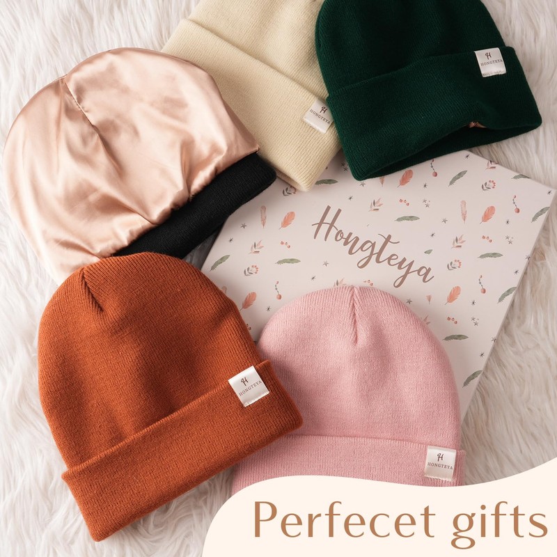 HONGTEYA Womens Satin Lined Knit Beanie Hat (US, Alpha, One