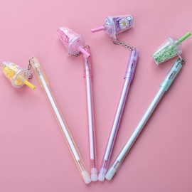WsjiaboFux 4 Pcs Multicolour Cute Kawaii Daisies Flower Milk Tea Cup Pendant Gel Pen School Office Supply Stationery Creative Sweet Pencs Gel Ink Rollerball Pens Rollerball Pens
