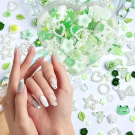 1 Pack Green Nail Charms,Resin Hearts Charms,Jade Nails Charm,Assorted Nail Decorate Include Pearl Love Star Camellia Bamboo,Spring Flower Bow Charm for Nails Decoration,Green Assorted 3D Nail Supplies