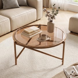 Round Coffee Table, 31.5" Glass Top Center Table Metal Frame, Walnut