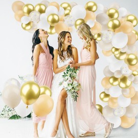 147pcs White Sand Metallic Champagne Gold Balloons Garland Arch Kit, Different Sizes with Beige Cream Champagne Gold Latex Metallic Confetti Balloons for Baby Shower Birthday Party Decorations