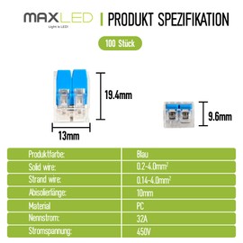 Maxled, Light is Led! Connection Terminals, Clamps 2-Pin Conductor, Pack of 100 Cable Connectors, Cable Clamps for All Conductor Types Worldwide, Solid Wire 0.2-4 mm², Connection Terminals Beach Wire