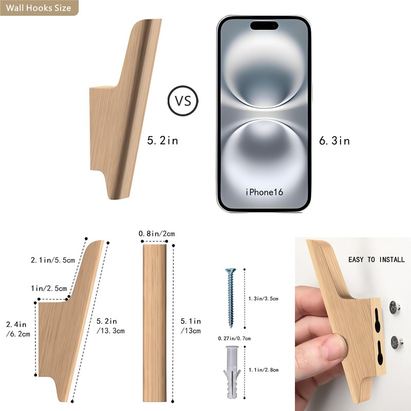 FCOWK Wall Hooks 4 Pack Coat Hooks Mounted Natural Wood