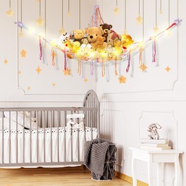 CERETIA Stuffed Animal Hammock with LED Light, Jumbo Toy Hammock for Stuffed Animals Storage for Kids Room Decor, Stuffed Animal Hammock Corner, Rainbow