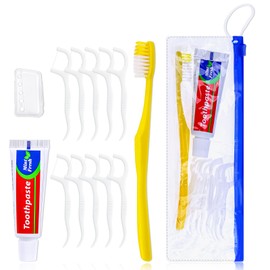 Xuezoioy 5 pcs Disposable Toothbrushes with Toothpaste and Floss Set,Yellow Individually Wrapped Bulk Single Use Toothbrush Floss Cover Travel Toothbrushes Kit with Zip Bag for Homeless,Hotel,Guest