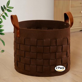 boldmonkey Blanket Basket 15 " x15 x13 2 Pack, Fabric Large Basket with Leather Handle, Dirt Clothes Laundry Basket Round for Babies, Dogs and Living Room-Brown