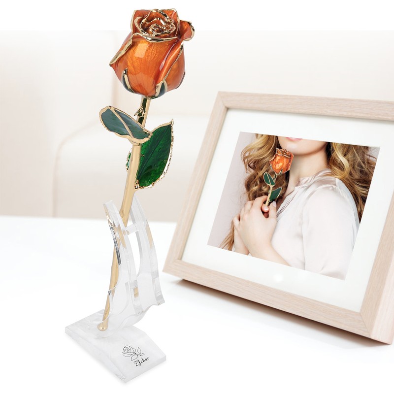 Golded Rose Flower 24K Bright Orange with Base Gift for