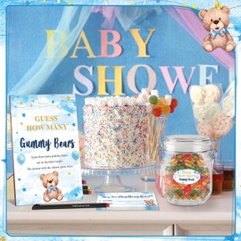76 Pcs Guess How Many Bears Bear Baby Shower Games 60 Guessing Cards 12 Pens 2 Cute Stickers 1 Game Jar 1 Wood Standing Sign for Baby Shower Games Gender Reveal Party Decoration