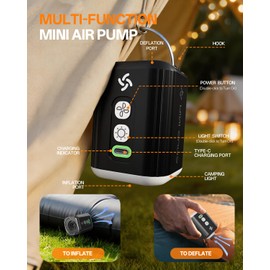 Puligoth Portable Air Pump for Inflatables - Rechargeable Electric Air Mattress Pump with 1600 mAh Battery & Camping Light, 5 Nozzles for Vacuum Storage Bags, Swimming Rings, Pool Floats (Black)