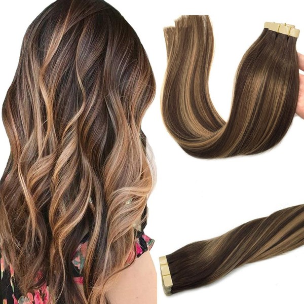 GOO GOO Tape-In Real Hair Extensions, Balayage Chocolate Brown Mxied Caramel Blonde, Real Remy Human Hair Extensions, Seamless, Straight Real Hair Extensions, 20 Pieces, 50 g, 35 cm