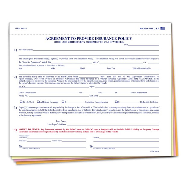 Generic Agreement to Provide Insurance Policy (Form 228RS-U) - 8-1/2""