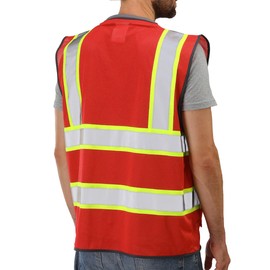 Neopelta Reflective Safety Vest Red Mesh, High Visibility Vest with Pockets and Zipper, Padded Neck, Red with Yellow Trim L