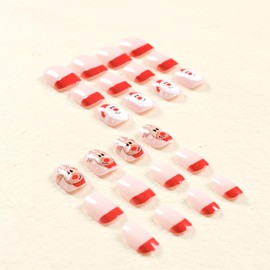 24 Pcs Christmas Press On Nails Short Square - ZIFANHU Red French Fake Nails Press Ons Nail Tip Full Cover Artificial Acrylic False Nails with Santa Claus Elk Design Stick Glue on Nails for Women