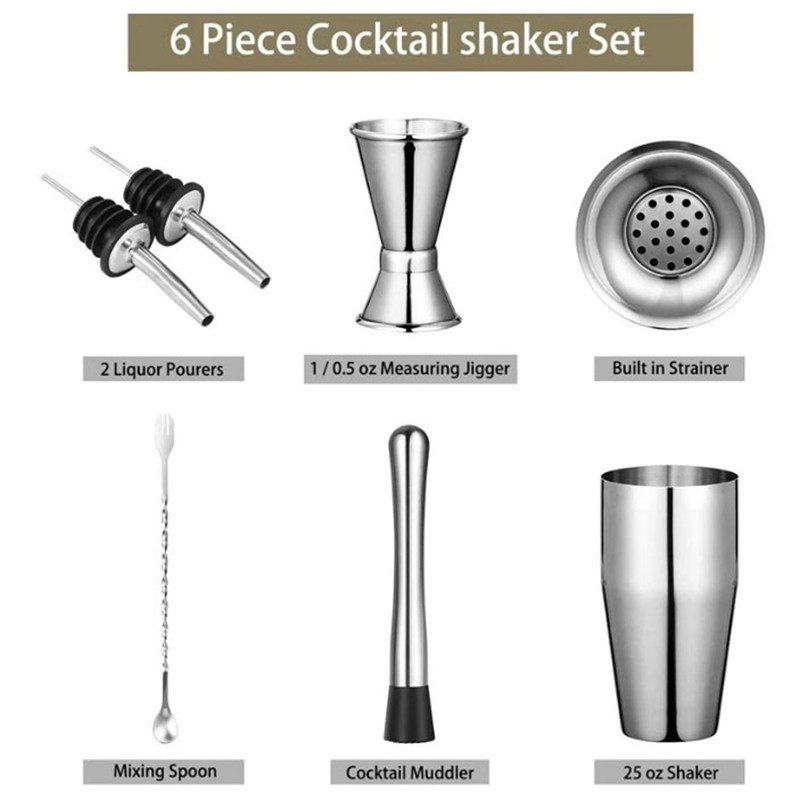 6Pcs Bartender Kit Stainless Steel Cocktail Shaker Mixing Stick Bar