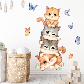 Kitten Stacked Wall Decals for Kids Room, 30x60cm Peel and Stick Wall Stickers Vibrant Colors Butterfly for Livingroom, Nursery