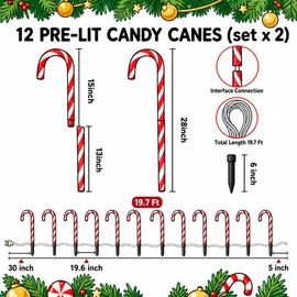 GLUUFLOWER 24 Pack Solar-Powered 28'' Christmas Candy Cane Lights, Waterproof Light Up Pathway Lights for Outdoor Yard, Xmas Outside Decorations