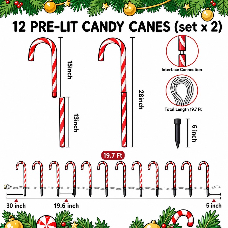 GLUUFLOWER 24 Pack Solar-Powered 28'' Christmas Candy Cane Lights, Waterproof