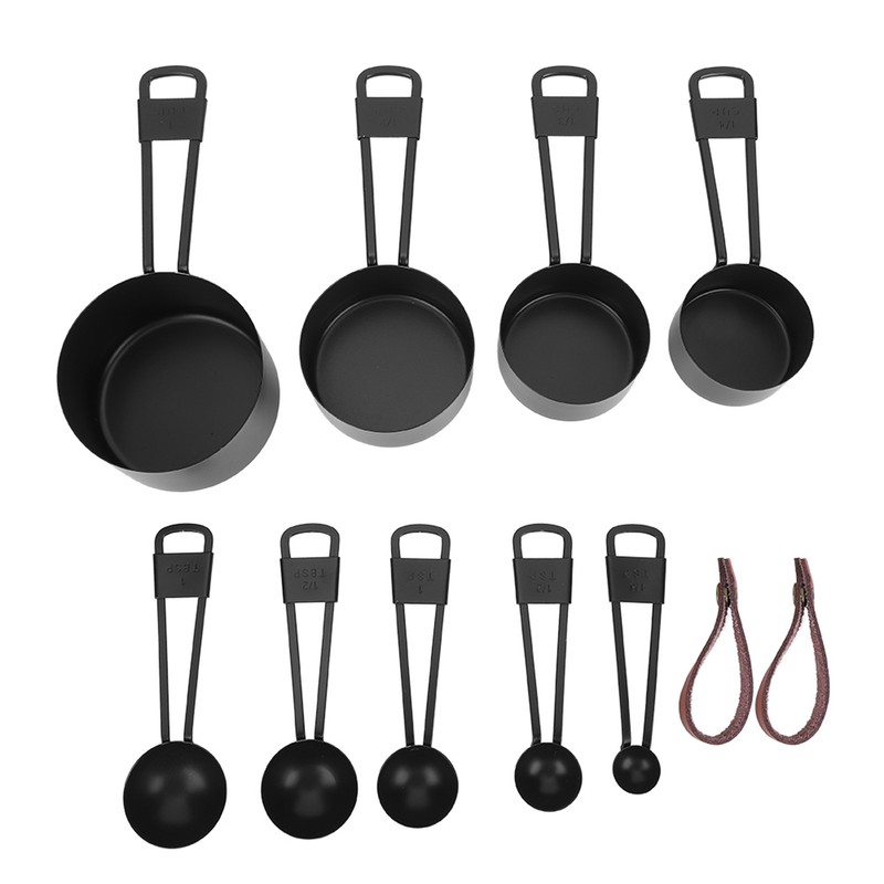 9PCS Black Stainless Steel Measuring Cups Set Coffee Spoon with