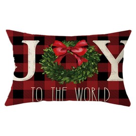Ogiselestyle Merry Christmas Buffalo Plaid Throw Pillow Covers, 12 x 20 Inch Joy to The World Xmas Boxwood Wreath Winter Holiday Cushion Case Decoration for Sofa Couch