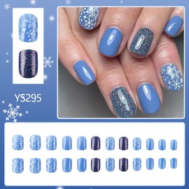24Pcs Christmas Blue Snowflake Press on Nails Short Square Christmas Fake Nails Glitter Snowflakes False Nails with Designs Glossy Acrylic Nails Full Cover Winter Xmas Glue on Nails for Women Girls