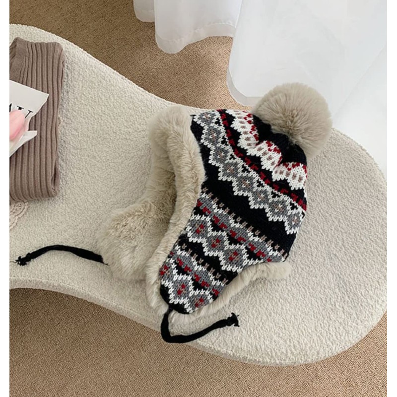 Women Teens Coldproof Knitted Trapper Hat with Thick Faux Fur