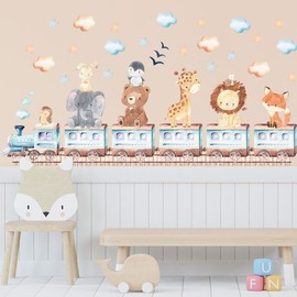 Forest Baby Animals Train Wall Stickers Elephant Lion Giraffe Bear Safari Wall Decals Watercolor Cloud Stars Baby Bedroom Nursery Kids Room Classroom Daycare Wall Decor