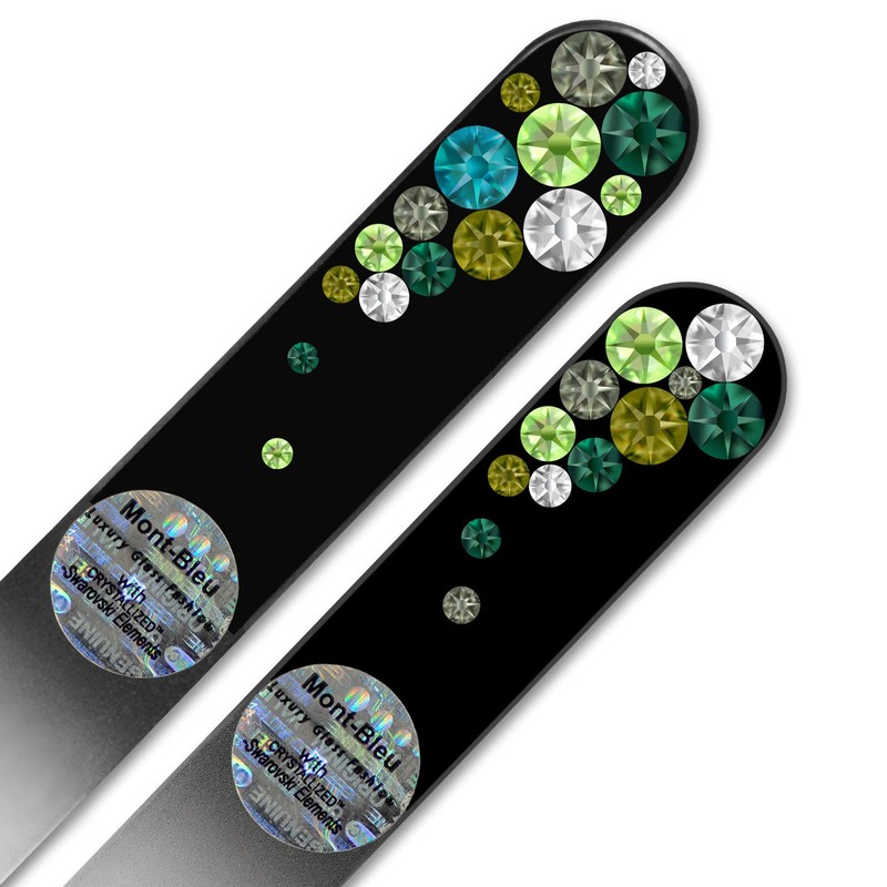 スワロブスキーの装飾を施したガラス製ネイルファイル2つセット、ブラックのベルベットケース付き、本物のチェコ製強化ガラス、ハンドメイドのクリスタルネイルファイル