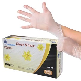 Disposable Vinyl Gloves, Medium, 5 MIL, Clear Vinyl, Food, Cleaning, Kitchen, Daycare Latex Free, Cleanshield Vmax VC50-M (100 Gloves)