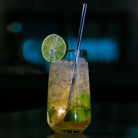 com-four® drinking straw, cocktail spoon, stainless steel, straw, stirring spoon with cleaning brush