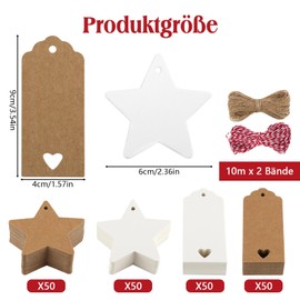 Christmas Gift Tags, Pack of 200 Gift Tags Star, Christmas Tags Paper with 20 m Jute Cord, Labels for Labelling, Kraft Paper Tags for Gifts, Christmas Trees Bottles